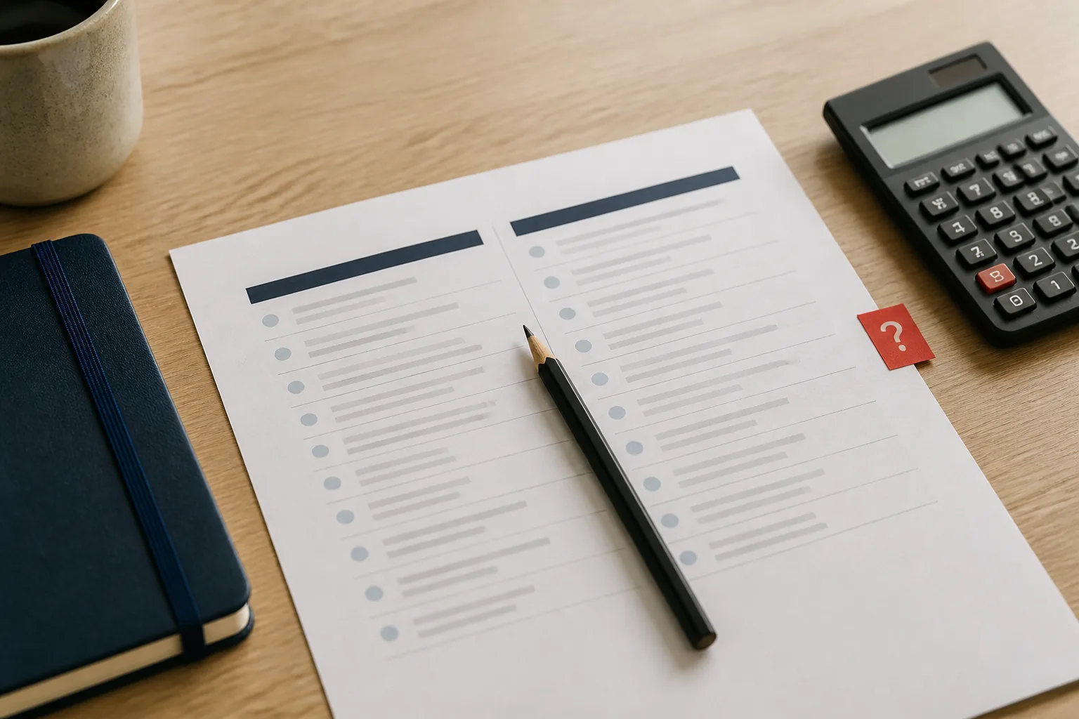 A comparison worksheet, notebook, and calculator arranged for a financial decision