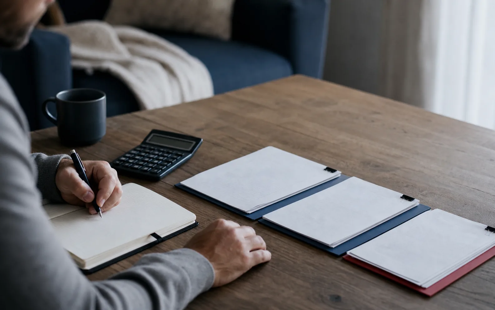 A person organizes financial documents while comparing options