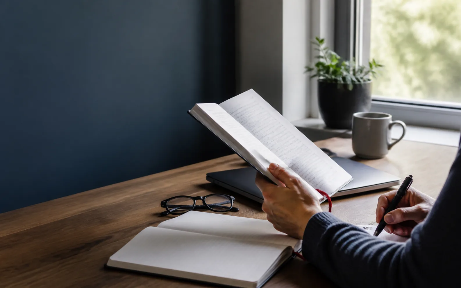 A person reads an educational guide at a desk