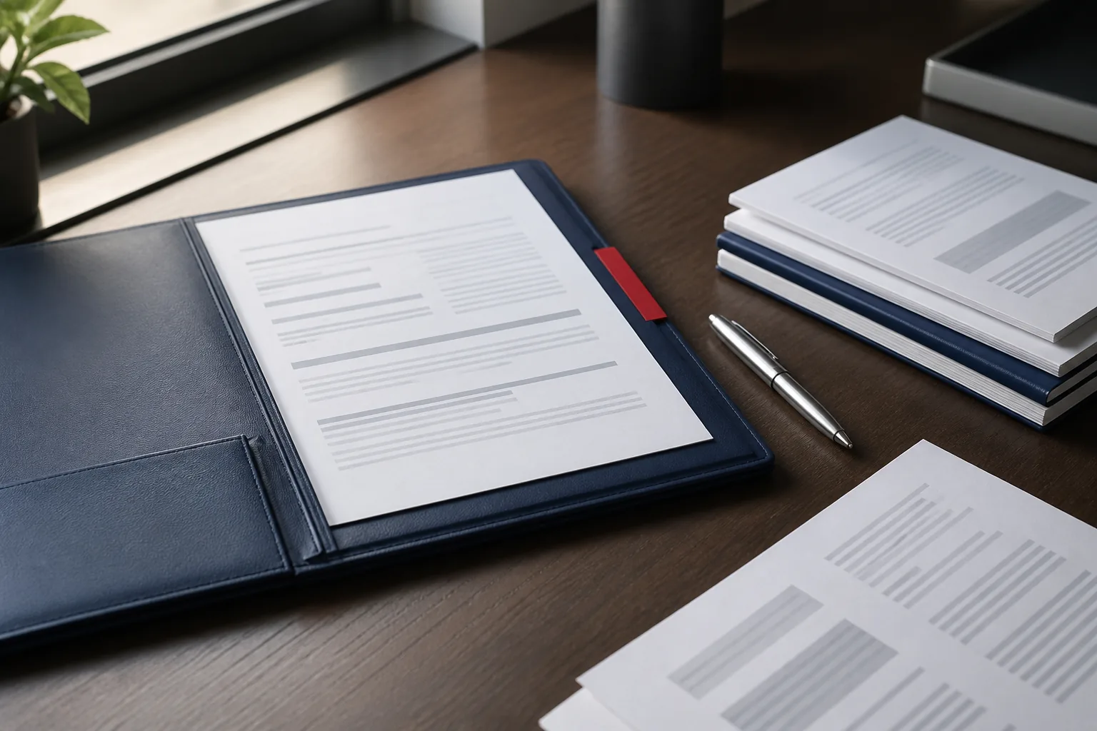 An organized financial document folio and published materials on a professional desk