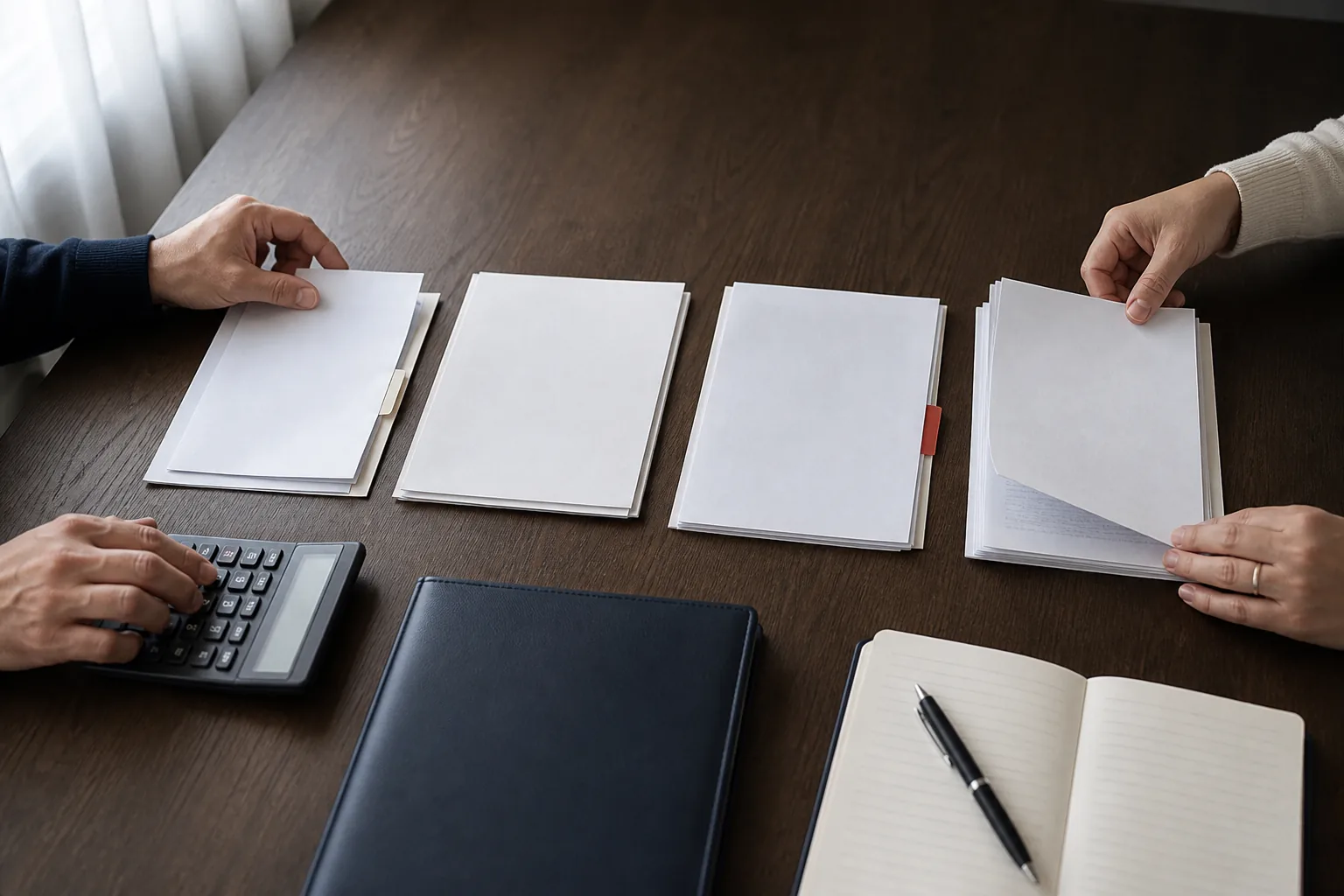 Four groups of documents organized for a structured financial review