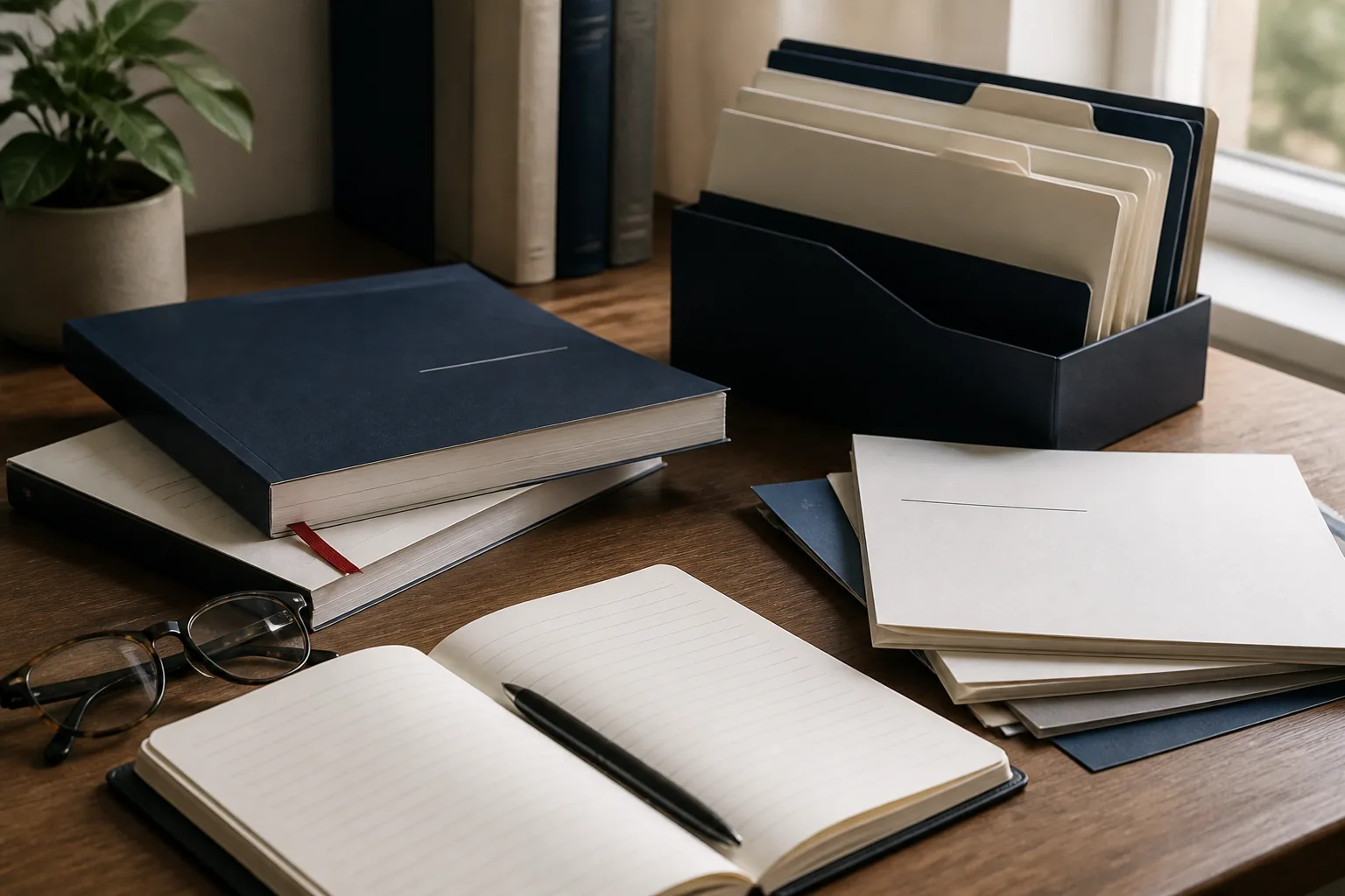 Financial guides, folders, and a notebook arranged for independent preparation
